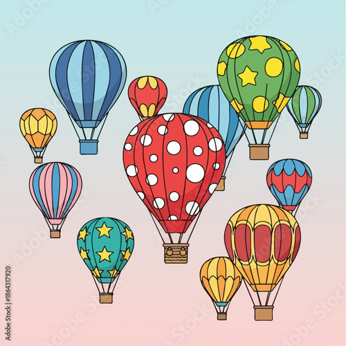 Colorful hot air balloons with polka dots and star patterns flying in clear sky pastel background vector art illustration