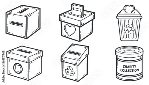 A set of donation and recycling boxes in black and white outline vector style, ideal for charity events and fundraising campaigns