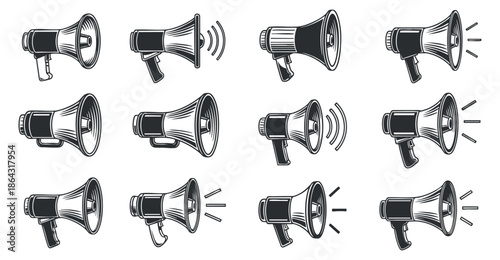 A set of megaphones in black and white vector style, illustrating different sound levels and communication, ideal for marketing and event promotions