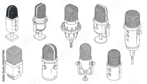 A collection of various microphones in detailed line art vector style, suitable for music and audio design projects