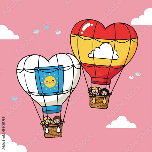 Colorful vector art of two heart shaped hot air balloons with happy children flying against pink sky with clouds and birds
