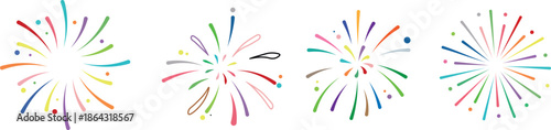 Colorful fireworks burst vector collection with minimalist celebration icons for party event and holiday design