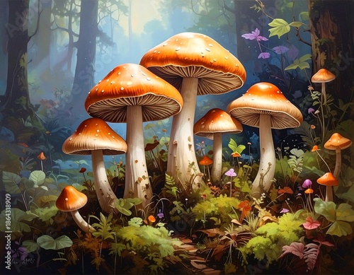 Enchanting forest scene showcasing a cluster of vibrant orange-capped mushrooms. Sunlight filters through the trees, illuminating the magical atmosphere
