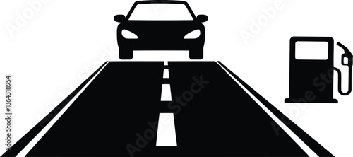Car Travel and Refueling Illustrator Vector - Vehicle on Highway with Gas Station Pump Icon