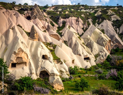 Eroded formations carved into cliffsides with multiple openings and vegetation. A partially cloudy sky
