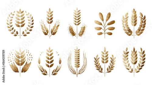 Golden Wheat and Cereal Grain Emblems Set. Rustic Organic Farm, Bakery, Brewery Food Product Design Elements and Wreaths.