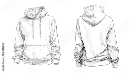 Detailed hand-drawn sketch illustration of a plain white unisex hoodie, featuring front and back views, ideal for apparel design mockups.