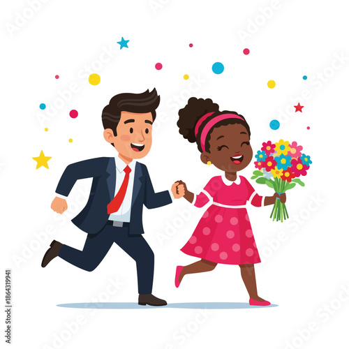 Colorful flat design of smiling man in suit holding hand with cheerful girl in pink dress carrying bouquet of flowers running joyfully