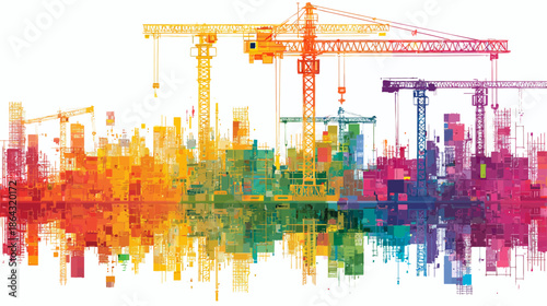 Vibrant abstract city skyline under construction with colorful industrial cranes and modern architectural development illustration, reflected.