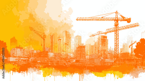 Artistic urban construction background with city skyline and building cranes in vibrant orange watercolor style