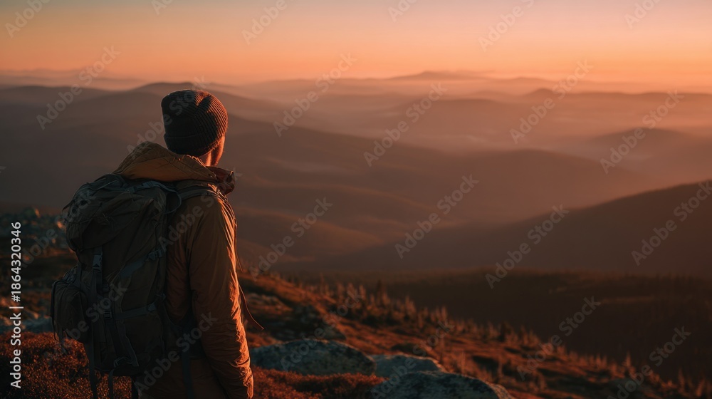 Fototapeta premium Hiker watching sunrise over hazy mountain peaks