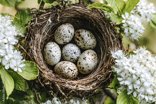 Nest with speckled eggs in flowers during spring season in a natural setting