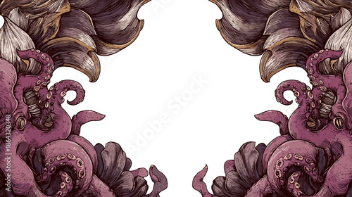 Ornate fantasy border illustration with stylized octopus tentacles and sea shells. Detailed vintage gothic design element with symmetrical framing.