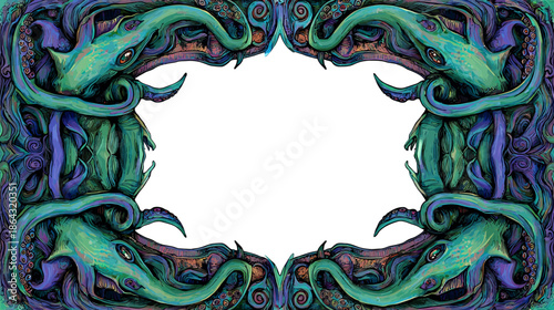 Stylized Deep Sea Octopus and Squid Tentacle Frame Illustration with Abstract Marine Art Border Design