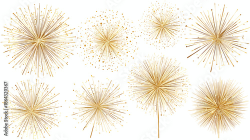Golden sparkling fireworks bursts, festive glitter explosions, abstract light particles on white background for celebration design