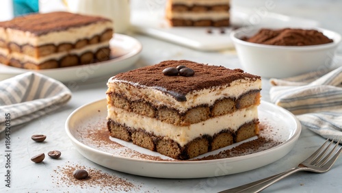 Wallpaper Mural A delicious slice of tiramisu on a white plate with coffee beans Torontodigital.ca