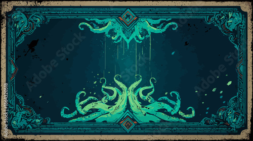 Eerie Deep Sea Tentacles Illustration with Ornate Fantasy Frame. Mysterious Underwater Creature Concept Art.