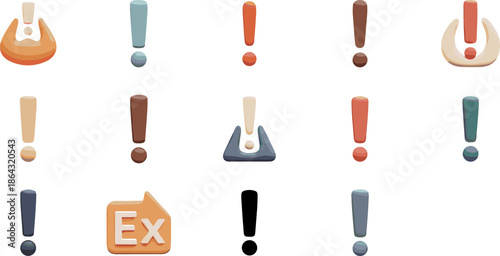 Vector set of expressive exclamation mark icons, various alert symbols and warning signs in flat clay style, notification elements isolated on white background.