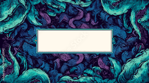 Dark fantasy illustration of swirling blue, teal, and purple tentacles framing a blank rectangular banner with copy space.