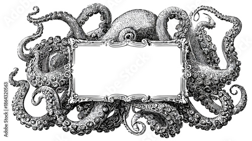 Antique octopus illustration framing an ornate blank rectangle. Detailed vintage sea creature engraving for fantasy, myth, or decorative design.