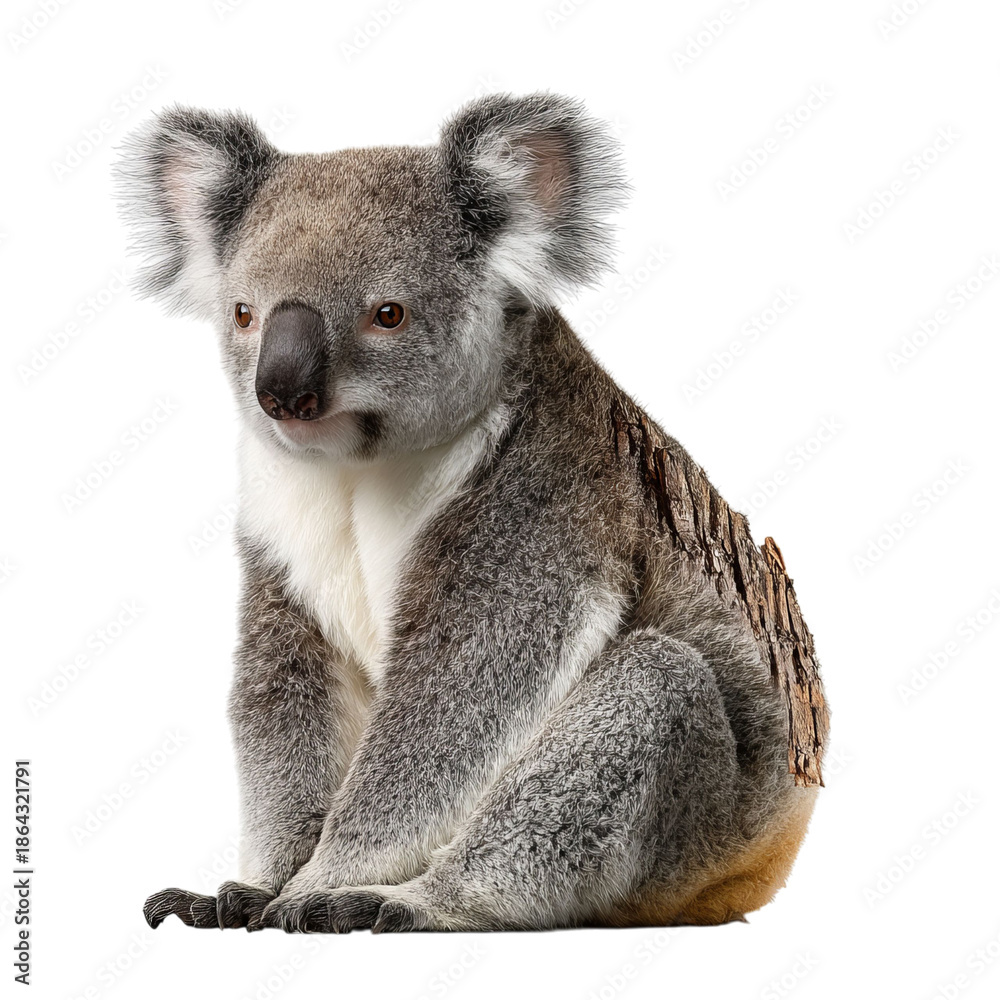 Fototapeta premium PNG of Adorable koala sitting gracefully, showcasing its soft gray fur and large ears.