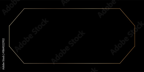 Thin golden frame in art deco style. Luxury gold border. Linear shining rectangle shape. Brass glowing shiny boarder element pack for photocard. Vector illustration isolated on black background.