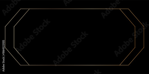 Thin golden frame in art deco style. Luxury gold border. Linear shining rectangle shape. Brass glowing shiny boarder element pack for photocard. Vector illustration isolated on black background.