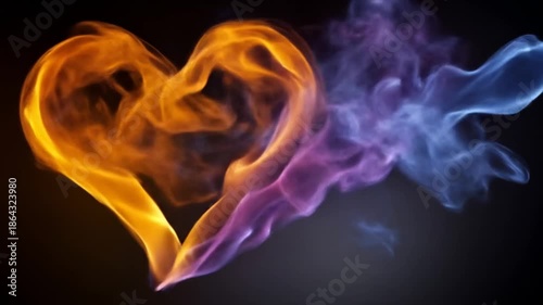 Abstract heart shape formed by colorful smoke against dark background