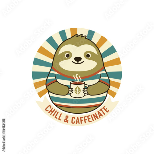 Sloth with coffee – cute chill style vector illustration