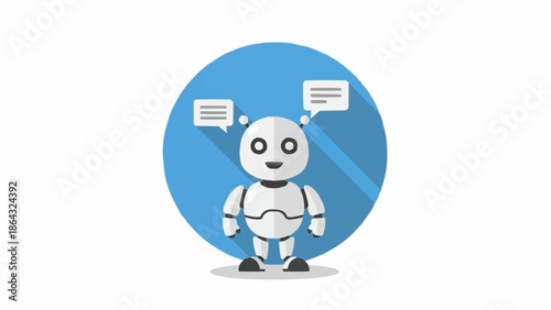 Cute robot character with speech bubbles and long shadow.