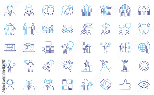 Business people icon set. Thin line editable stroke icons. Teamwork, leadership, communication, presentation, negotiation, meeting, success, remote work, decision making, professional collaboration.