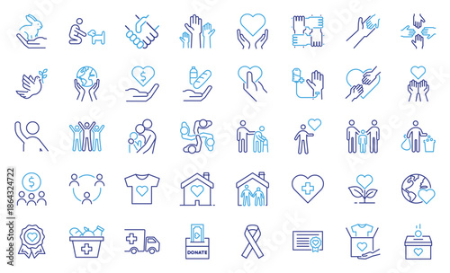 Charity and social support icon set. Thin editable line icons for donation, kindness, volunteering, community help, humanitarian aid, healthcare, compassion, sustainability, nonprofit organization.