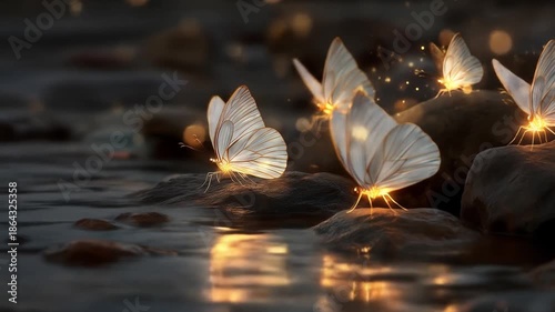 Glowing butterflies hovering near water surface with bokeh effects