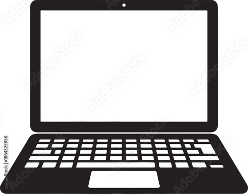 Black and white laptop with blank screen and keyboard also transparent background