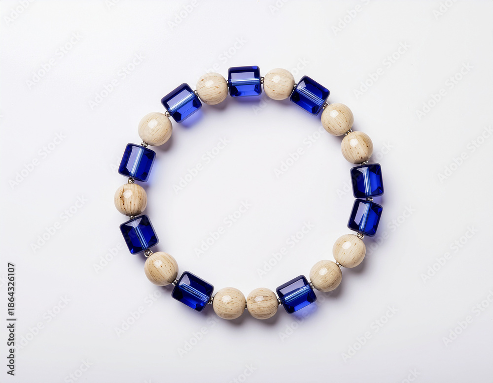 Fototapeta premium Blue and Beige Beaded Bracelet on White.