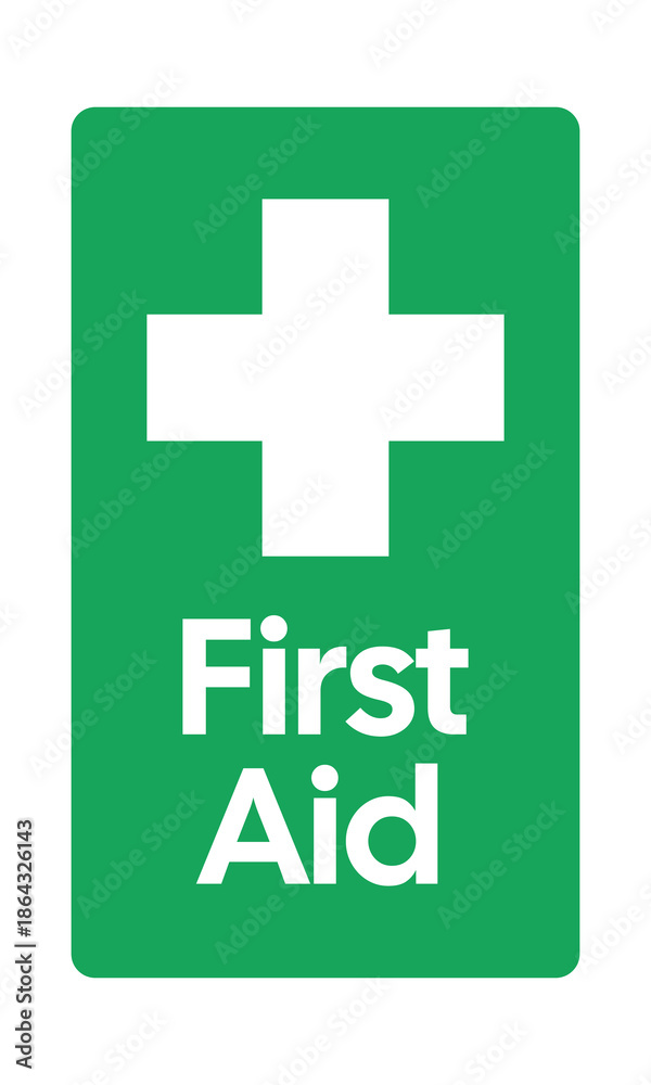 Obraz premium High-Visibility First Aid Green Safety Sign with White Medical Cross - Professional Vector Emergency Identification Graphic