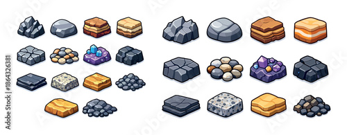 Collection of cartoon rock and mineral icons in various styles