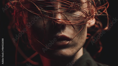 portrait of person with tangled lines and chaotic geometry around the head, claustrophobic emotion, red and black palette, moody atmosphere — v 7 