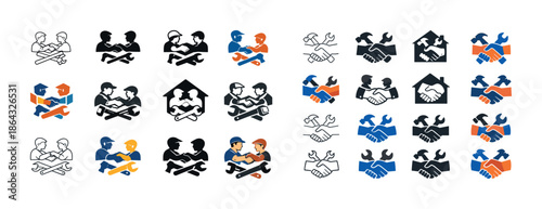 Set of icons: tradesmen, handshake, tools - diverse professions and collaboration symbols