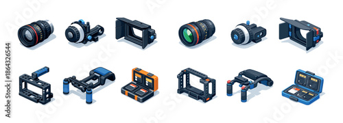 Set of professional camera equipment and accessories icons