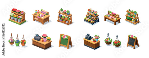 Isometric flower shop elements with tables, shelves, flowers, and plants