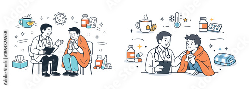 Male doctor consulting young male patient with cold symptoms and medication