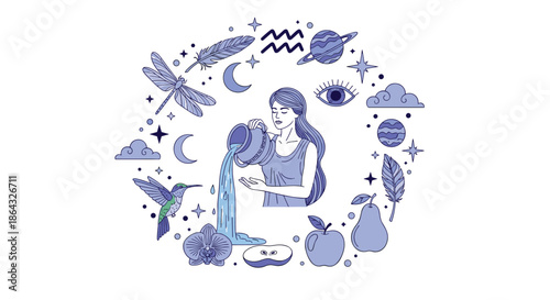 Stylized illustration of the aquarius zodiac sign with a woman pouring water from a jar surrounded by celestial symbols.