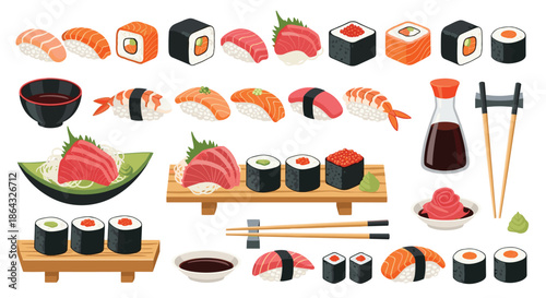 Large assortment of colorful sushi and sashimi types with soy sauce ginger wasabi and chopsticks for japanese cuisine themes.
