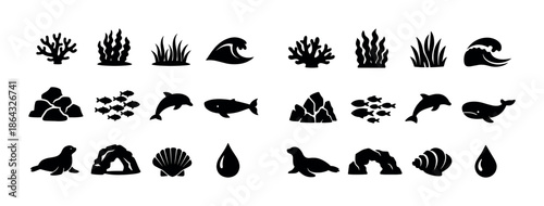 Marine life icons: seaweed, waves, fish, dolphins, coral, rocks, seals