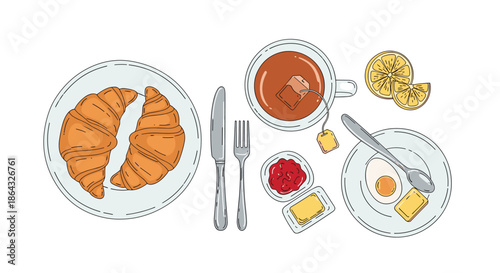 Simple morning breakfast arrangement featuring golden croissants hot tea with lemon soft boiled egg butter and red jam.