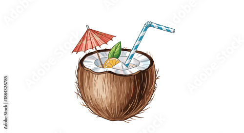 Tropical coconut drink served in a shell with a blue striped straw orange wedge mint and a red paper umbrella.