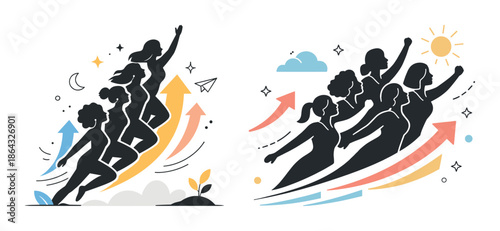 Empowered women celebrating success and growth with upward arrows and symbols