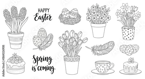 Detailed collection of easter and spring themed drawings including decorated eggs potted tulips hyacinths and sweet cakes.
