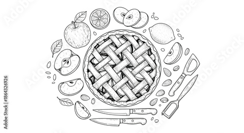Homemade apple pie surrounded by fresh whole fruit and sliced apples with lemon and baking utensils in a rustic hand drawn style.